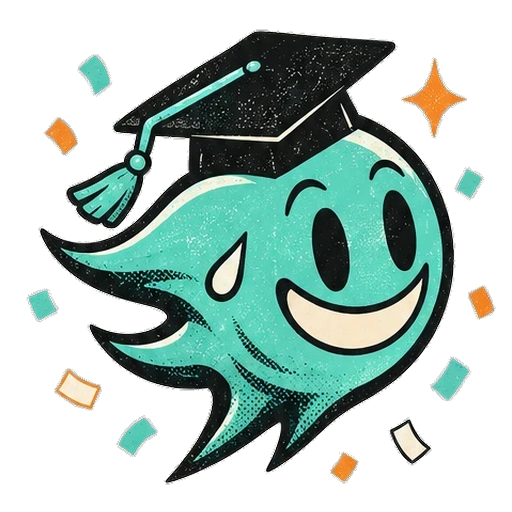 the teal comet wearing a graduation cap in confetti
