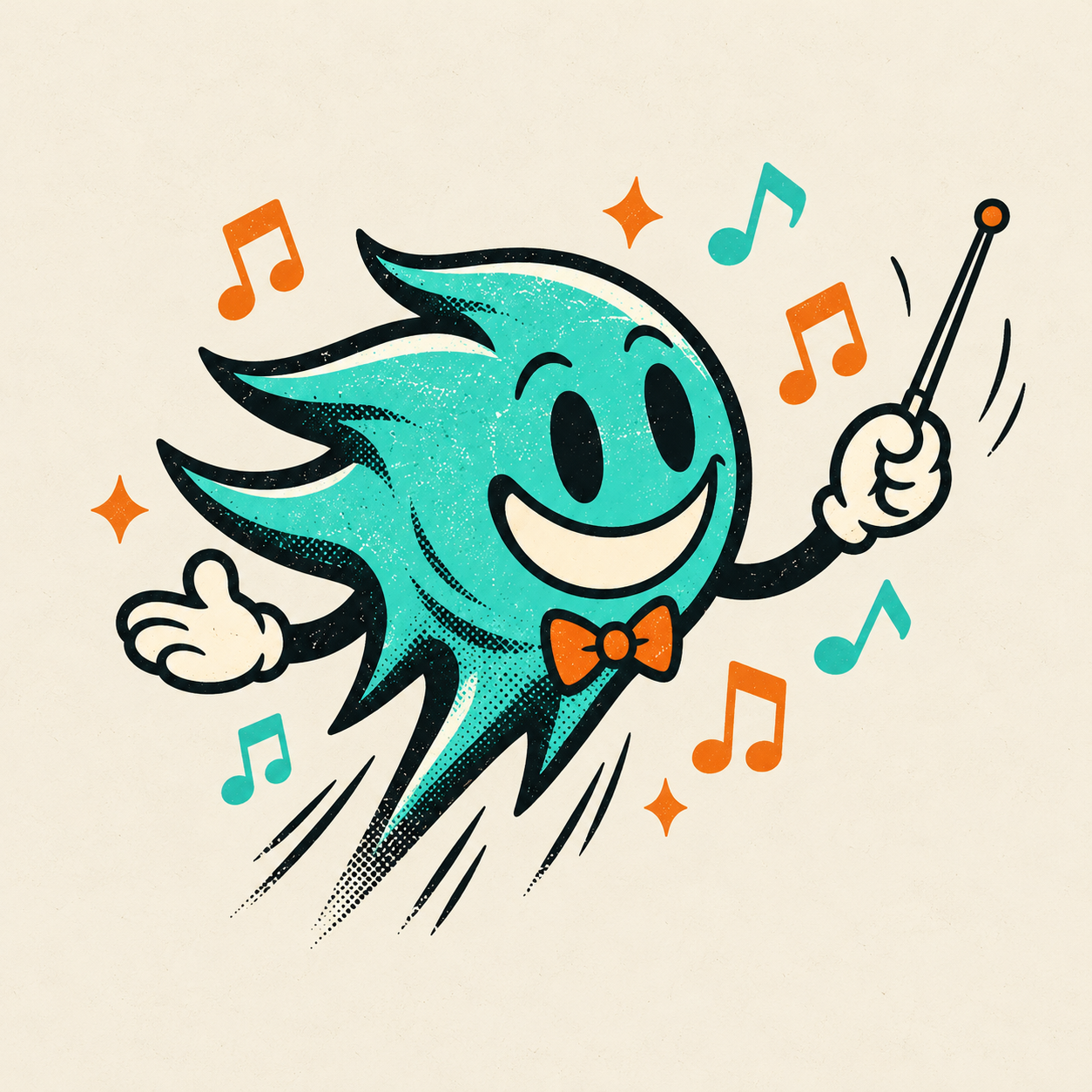 the teal comet in a tiny bow tie conducts with a baton and floating orange and teal music notes