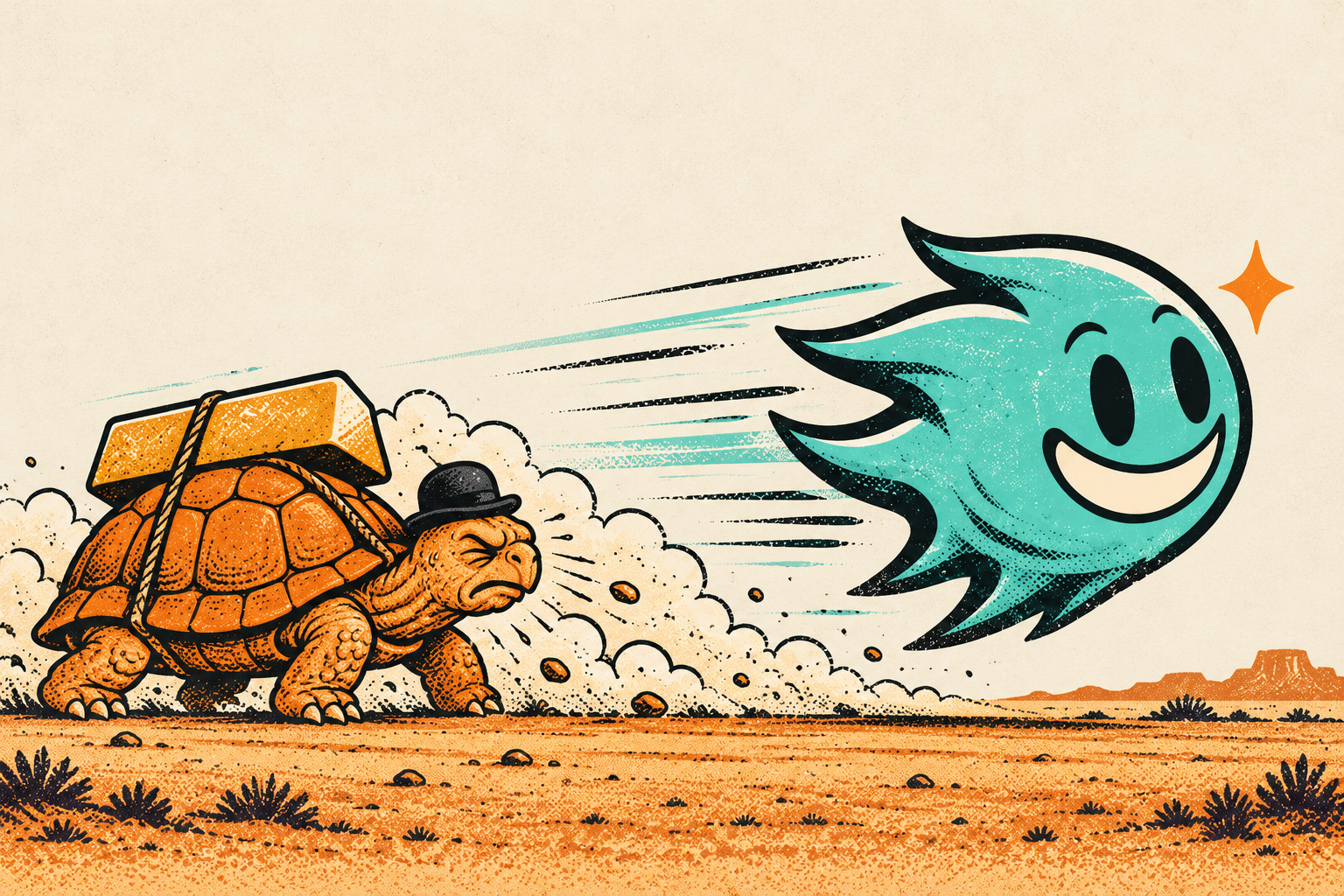 the teal comet speeds past an old orange desert tortoise in a bowler hat carrying a heavy gold brick